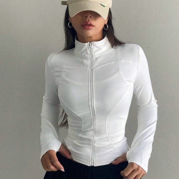 White Elastic Mock Neck Fitted Long Sleeve Zip Up Jacket Women’s - Picture 5 of 8
